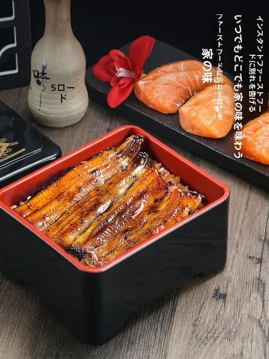 金扇デザインのうなぎ弁当箱【丸型・フタ付き・寿司用・配達対応】