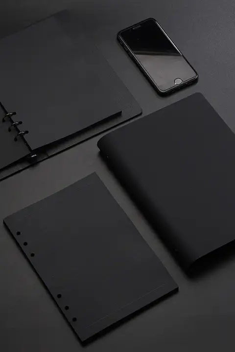 シンプルな黒のA5メモ帳【PUレザー・リングバインダー・黒いカード紙の内ページ】