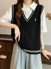 夏用ルーズフィット学院風デザインシャツベスト【短袖・上半身カバー・女性用】（セットアップ対応）