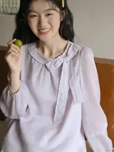 淡い紫色のレースリボン付き長袖シャツ【麻と天絲使用・秋用・ルーズフィット】