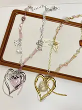 手作りリボンとカラーパールのハートドットフラワーロングネックレス【デザインアクセサリー・セーター用・デコレーション】