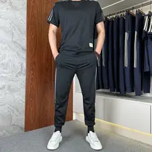 高弹性アイスシルクストライプカジュアルセット【メンズ・薄手・丸首・短袖・長ズボン】（セットアップ対応）