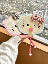 うちわ 麦  わら 手作り 刺繍 猫柄 チェック柄縁取り レトロ 撮影小道具 インスタ映え