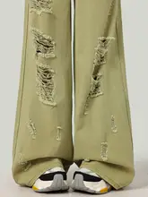 カキ色ハイウエスト破れデニムパンツ【夏用・ストリートスタイル・ゆったりワイドレッグ】