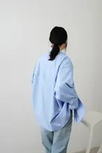 オーバーサイズ デザイン衿 ブルー レディースシャツ【ビンテージ風・ゆったりシルエット】