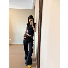 高身長向け ダークブルー ローライズストレートデニムパンツ【ワイドレッグ・ルーズフィット】（セットアップ対応）