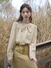 木易易 長袖シャツ【春用・国風・水彩染め・リボン付き・フレンチスタイル】