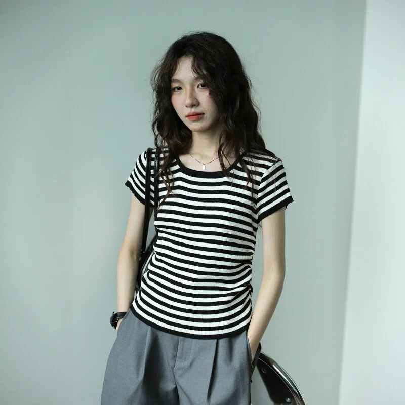 ストライプニットポロ衿ラウンドネックTシャツ【女性用・ショートスリーブ・体型カバー・夏用】