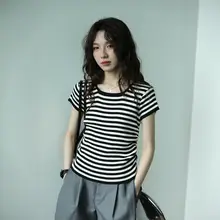 ストライプニットポロ衿ラウンドネックTシャツ【女性用・ショートスリーブ・体型カバー・夏用】