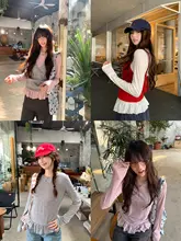 レース裾デザインの長袖ニットトップス【フィット感・春用・女性用】