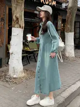 レトロデザイン デニムサンドレス【女性用・カジュアル・体型カバー・ロングスリーブ】（セットアップ対応）