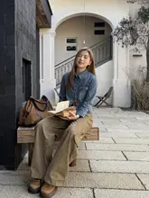 レディース長袖デニムシャツ【ヴィンテージ風・ポロシャツスタイル・スリムフィット】