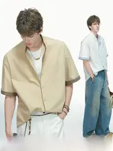 極簡ヘンリーネックチェック柄半袖シャツ【夏用・メンズ】