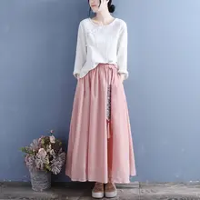 刺繍入りリボンデザインの綿麻半身スカート【春夏用・民族風・ロングスカート】