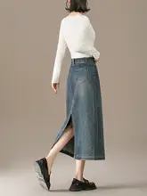 レトロブルー ハイウエストデニムスカート【ミディ丈・バックスリット・Aライン】