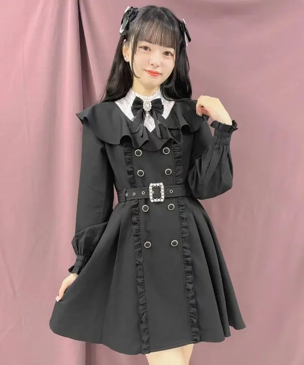 ブラックロングスリーブワンピース【色落ちしない・コート風デザイン】（セットアップ対応）
