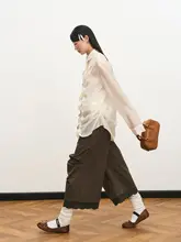 ブラウンレース切り替えのプリーツワイドパンツ【カジュアル・八分丈・女性用】
