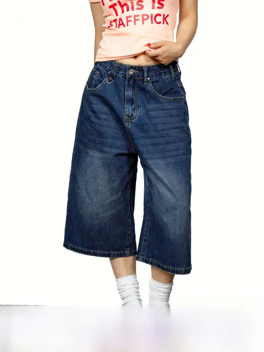 グラデーションウォッシュデニムブルー ワイドレッグクロップドパンツ【夏用・フィット・ストレート】（セットアップ対応）