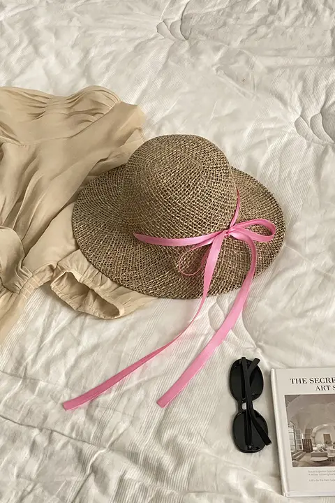 可愛らしいデザインのピンクリボン草帽【旅行・撮影用・UVカット】