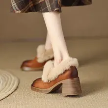 秋冬向け加毛の厚底レディースローファー【暖かい・イギリス風・粗いヒール】