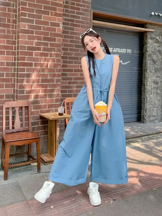 夏用 無袖ブルーオールインワン【極上の柔らかさ・ワイドレッグ・トレンドデザイン】（セットアップ対応）