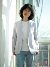 淡い紫色のノンパッドショートフィットニットジャケット【ビジネスカジュアル・女性用】