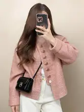 ツイード風 ショートジャケット【春用・ピンク・ボタン付き・小柄向け】