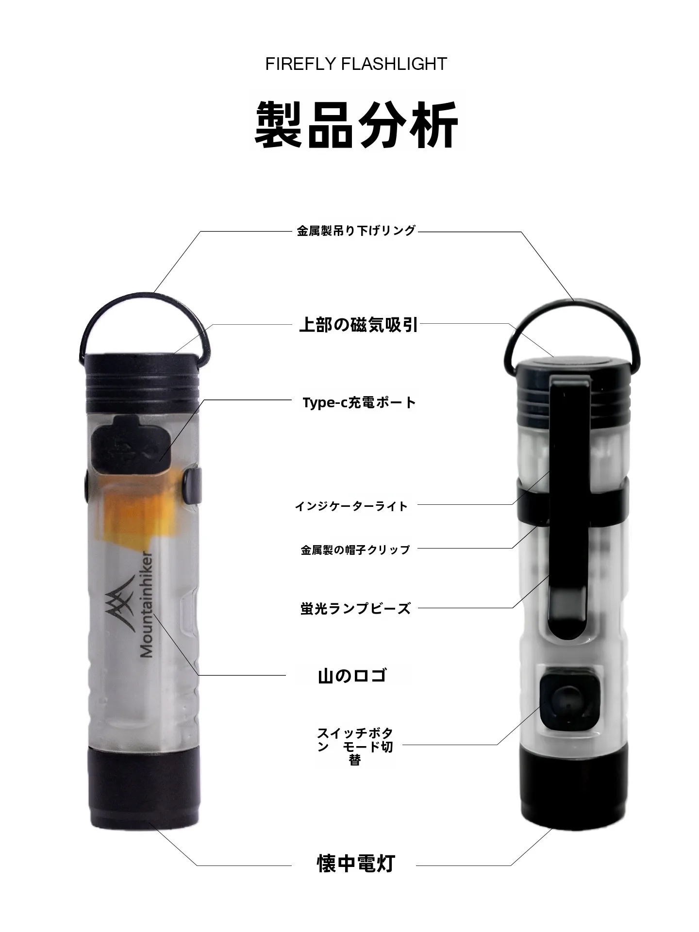MOUNTAINHIKER アウトドア用ハンギングキャンプライト：充電式で3時間の安定照明を実現