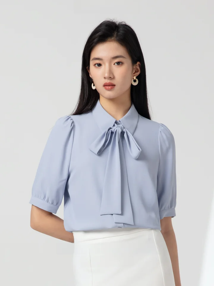 LINGMOON バタフライリボン付き 半袖シャツ【ビジネス・面接用・女性用・ドレープデザイン】
