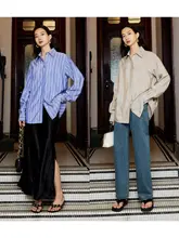 真 silk製ストライプルーズフィット UVカットシャツ