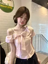 ピンクのリボン付きオフショルダートップス【ショートスリーブ・女性用・夏向け・甘美デザイン】
