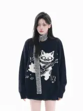 セーター ユニセックス ペア モックネック バイカラー ギター柄 猫柄 遊び心 ルーズ 秋物