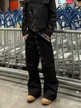 ユニセックス デニムパンツ【ボタンデザイン・カジュアル・ワイドレッグ・ヒップホップ】