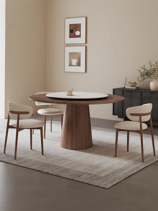 フレンチスタイルのビンテージ風ブラックウィルナット円卓【北欧風・無垢材・モダン・ダイニングテーブル＆チェア】（セットアップ対応）