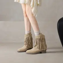 ショートブーツ レディース リベット フリンジ ポインテッドトゥ 太ヒール ウエスタン 秋 冬