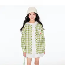 子供用 グリーンチェックシャツ【デザイン性のあるフード付き・花柄・コットン素材】（セットアップ対応）