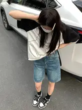 ヴィンテージ風ブルー デニムショートパンツ【ハイウエスト・ワイドレッグ・Aライン】