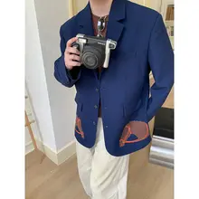メンズ秋冬用 ビンテージ風ダークブルー刺繍カジュアルブレザー【ウール混・ルーズフィット・高級感】