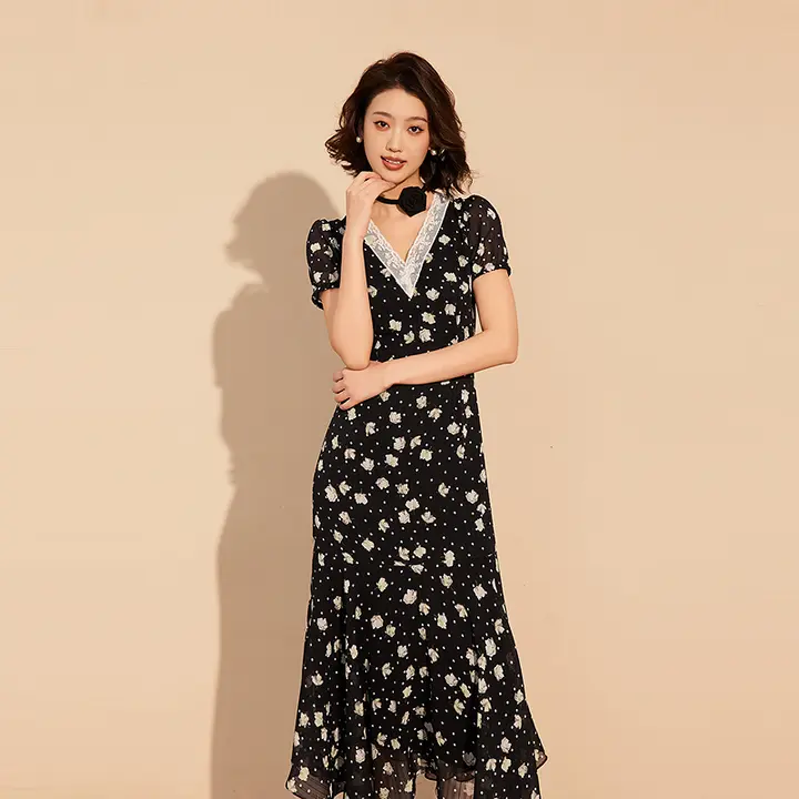 フリル付きマーメイドスカート【ドット柄・フラワープリント・フランス風】（セットアップ対応）