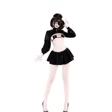 セクシーな黒の質感ベロアコスチューム【ナース風・コスプレ・撮影用】（セットアップ対応）