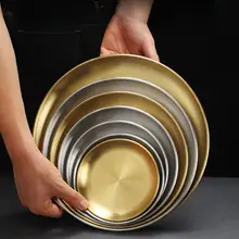 韓国スタイルのステンレス製厚手ラウンドトレー【ゴールド・カフェ用・フルーツ・ケーキ・浅皿】