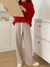 杏色 ストレート ワイドパンツ【秋冬用・裏起毛・高腰・レディース】