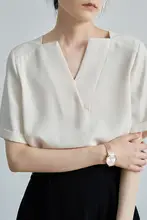 LIMONN デザイン性のあるVネック夏用ショートスリーブシフォンブラウス【通勤・ビジネス対応】