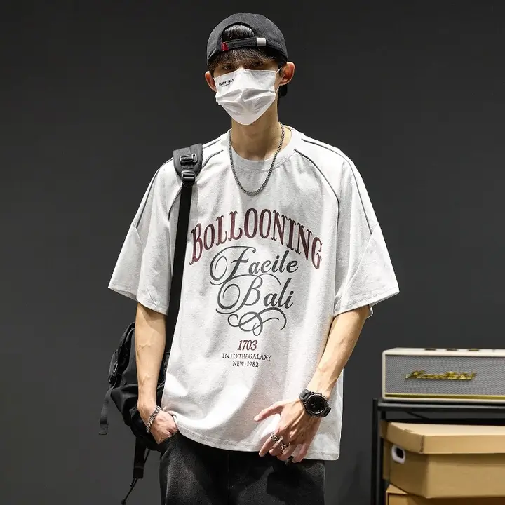 男子用 短袖プリントTシャツ【コットン・スタイリッシュ・ラウンドネック・五部袖・反射テープ付き】