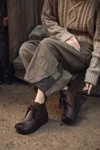 秋冬用 厚底ウェッジショートブーツ【レトロデザイン・ブラウン・牛革製・快適】