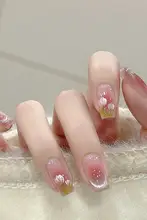 立体チューリップデザインのフレンチ風ネイルチップ【短款・手作り・妊婦や新婦向け】