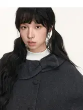 リボンデザインの丸襟ショートコート【ウール混・カジュアルスタイル・女性用】