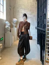 復古デザイン PU製 クロップドパンツ【レディース・シンプル・おしゃれ】