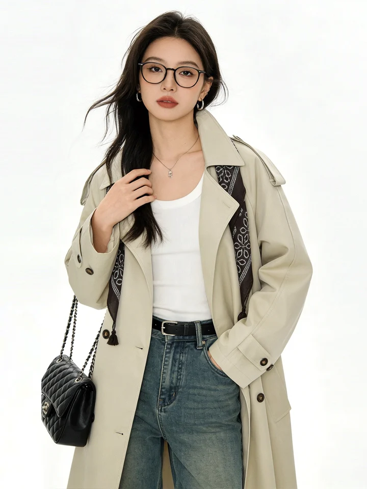 トレンチコート レディース ロング丈 ダブルブレステッド スカーフ付き ベルト付き ウエストマーク 着痩せ 着回し 韓流 ヴィンテージ トラッド 早春