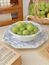 胡桃集市 フランス風 ビンテージブルー模様の陶器製浮彫り皿【スイーツ・朝食用】